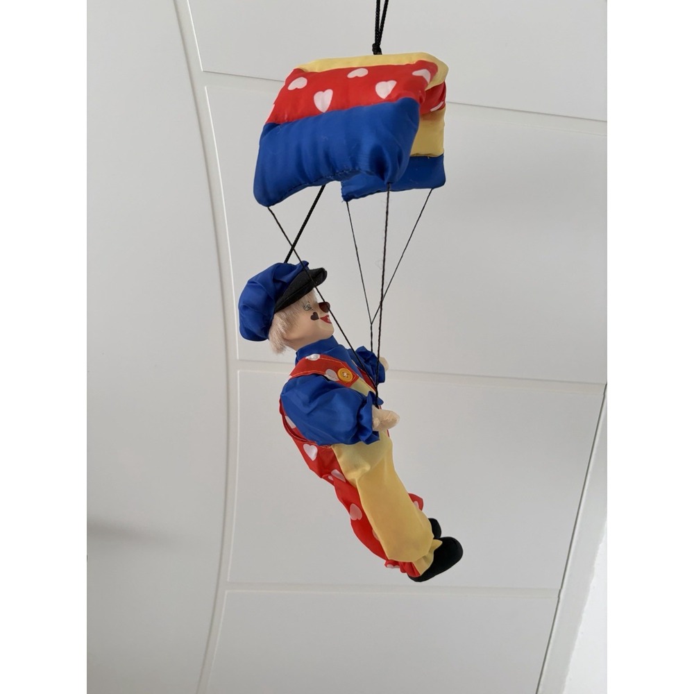 Vintage Happy Clown with Hanging Parachute Purple Yellow Red Heart Print Toy - Picture 5 of 9
